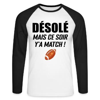 Désolé Mais Ce Soir Y'a Match - T-shirt baseball manches longues Homme - blanc/noir - Devant - Nik (191cm)
