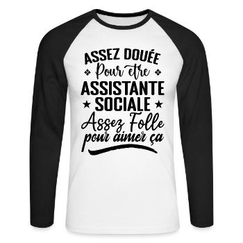 Assistante Sociale Humour Métier Idée Cadeau Femme - T-shirt baseball manches longues Homme - blanc/noir - Devant - Nik (191cm)