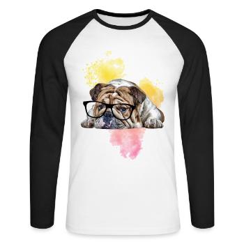 Dog Dog Bulldog avec lunettes - T-shirt baseball manches longues Homme - blanc/noir - Devant - Nik (191cm)