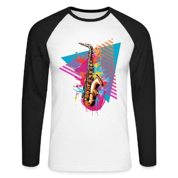 Saxophon 80er 90er Jahre - Unisex Baseballshirt langarm - Weiß/Schwarz - Vorne - Nik (191cm)