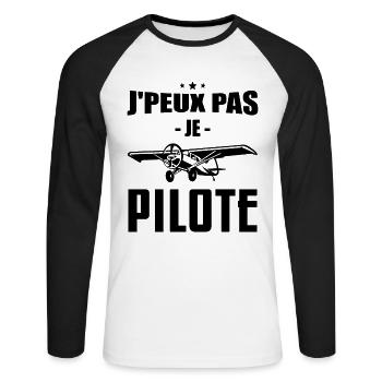 J'peux Pas Je Pilote - Cadeau Rétro Avion - T-shirt baseball manches longues Homme - blanc/noir - Devant - Nik (191cm)