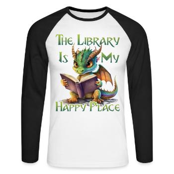 La bibliothèque est mon lieu de bonheur, dragon - T-shirt baseball manches longues Homme - blanc/noir - Devant - Nik (191cm)