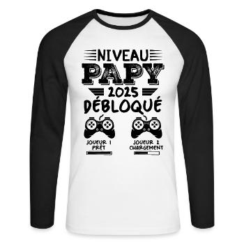 Niveau Papy Débloqué Futur Grand Père 2025 Cadeau - T-shirt baseball manches longues Homme - blanc/noir - Devant - Nik (191cm)