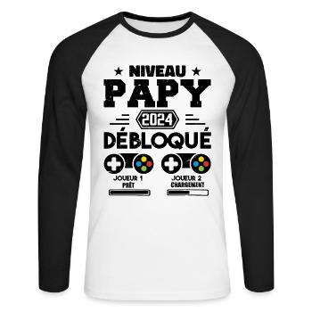 Niveau Papy Débloqué Futur Grand Père 2024 Cadeau - T-shirt baseball manches longues Homme - blanc/noir - Devant - Nik (191cm)
