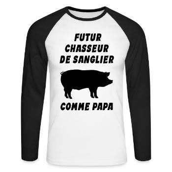 Enfant - Futur Chasseur de Sanglier Comme Papa - T-shirt baseball manches longues Homme - blanc/noir - Devant - Nik (191cm)
