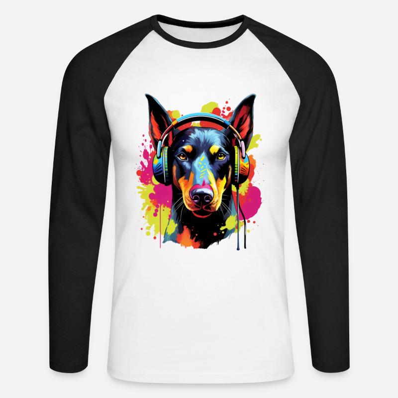 Bunter Dobermann mit Kopfhörer - Unisex Baseballshirt langarm - Weiß/Schwarz