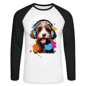 Lagotto Romagnolo mit Kopfhörer - Unisex Baseballshirt langarm - Weiß/Schwarz - Vorne - Nik (191cm)