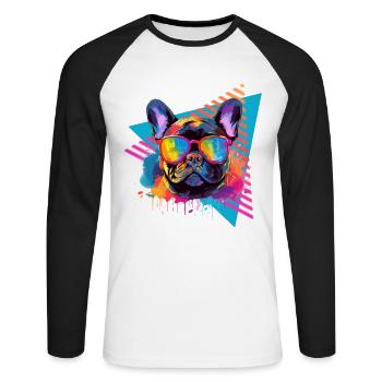 Lunettes de soleil bouledogue français coloré des années 80 - T-shirt baseball manches longues Homme - blanc/noir - Devant - Nik (191cm)