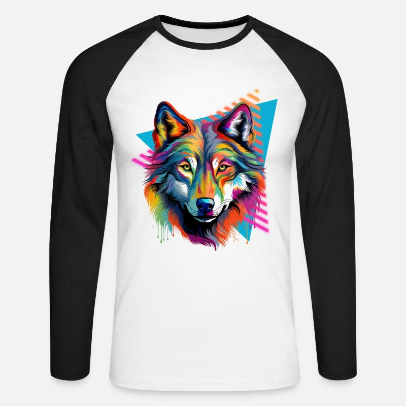 Bunter Wolf Farbspritzer Farbkleckse - Unisex Baseballshirt langarm - Weiß/Schwarz