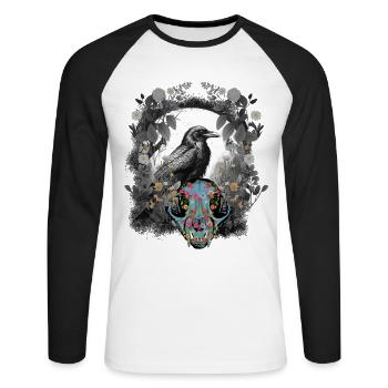 Dark Fantasy Corbeau Crâne Os Horreur Forêt Animal - T-shirt baseball manches longues Homme - blanc/noir - Devant - Nik (191cm)