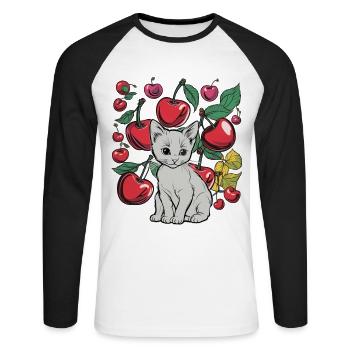 cerises, jardin, chat, été, fruits, fruits - T-shirt baseball manches longues Homme - blanc/noir - Devant - Nik (191cm)