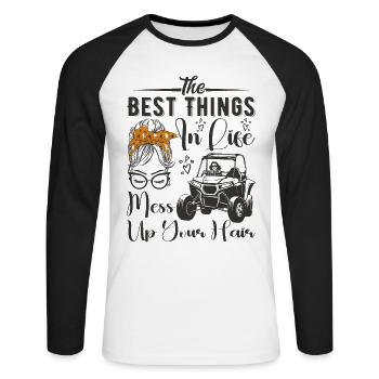 Die besten Dinge im Leben bringen Ihre Haare durcheinander - UTV - Unisex Baseballshirt langarm - Weiß/Schwarz - Vorne - Nik (191cm)