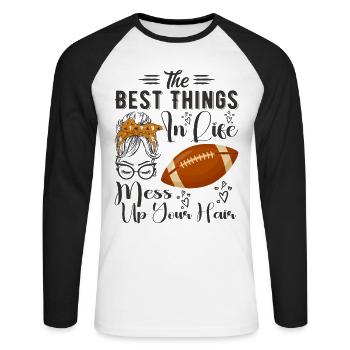 Die besten Dinge im Leben bringen deine Haare durcheinander Fußball - Unisex Baseballshirt langarm - Weiß/Schwarz - Vorne - Nik (191cm)