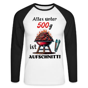 Grillen lustiger Spruch Fleisch Humor Aufschnitt - Unisex Baseballshirt langarm - Weiß/Schwarz - Vorne - Nik (191cm)
