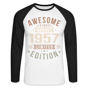 Août 1957 Anniversaire en Août 1957 Millésime 1957 - T-shirt baseball manches longues Homme - blanc/noir - Devant - Nik (191cm)