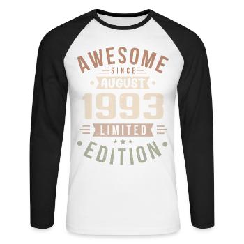 Août 1993 Anniversaire en août 1993 Millésime 1993 - T-shirt baseball manches longues Homme - blanc/noir - Devant - Nik (191cm)