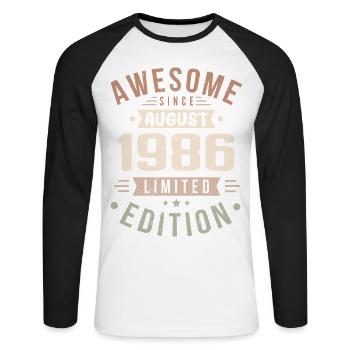 Août 1986 Anniversaire en Août 1986 Millésime 1986 - T-shirt baseball manches longues Homme - blanc/noir - Devant - Nik (191cm)