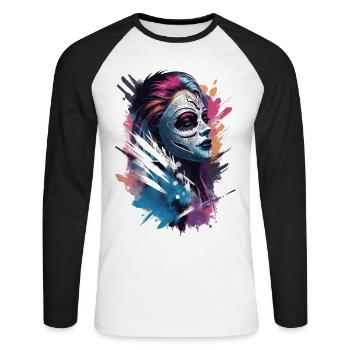 "Color Clash: Die Stilvolle Maskenfrau" - Unisex Baseballshirt langarm - Weiß/Schwarz - Vorne - Nik (191cm)