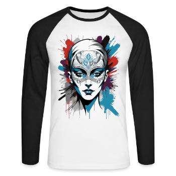 « Coloré et enveloppé : le nouveau look » - T-shirt baseball manches longues Homme - blanc/noir - Devant - Nik (191cm)