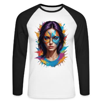 « Mascarade colorée : le style rencontre la protection » - T-shirt baseball manches longues Homme - blanc/noir - Devant - Nik (191cm)