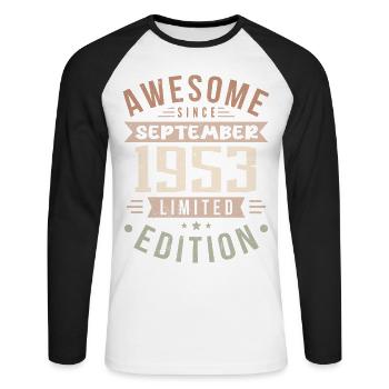 1953 Septembre Anniversaire Né en septembre 1953 - T-shirt baseball manches longues Homme - blanc/noir - Devant - Nik (191cm)