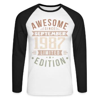 1987 September Birthday Born September 1987 - Unisex Long Sleeve Baseball T-Shirt - white/black - Front - Nik (191cm)
