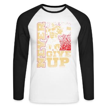 Never give up - Workout - Fitness - EN - Unisex Baseballshirt langarm - Weiß/Schwarz - Vorne - Nik (191cm)