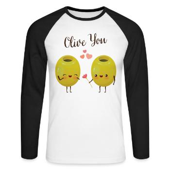 Olive You - Cute Valentines Day Couple - T-shirt baseball manches longues Homme - blanc/noir - Devant - Nik (191cm)