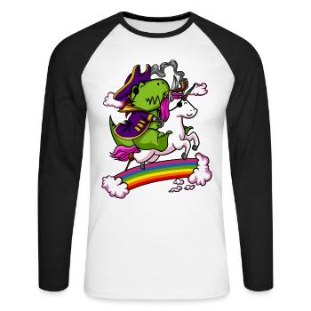 Licorne à cheval sur un pirate de dinosaures T-Rex - T-shirt baseball manches longues Homme - blanc/noir - Devant - Nik (191cm)