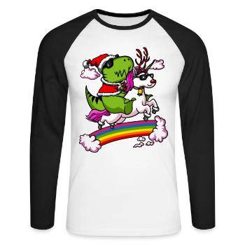 T-Rex Dinosaur Santa Riding Unicorn Christmas - Unisex Long Sleeve Baseball T-Shirt - white/black - Front - Nik (191cm)