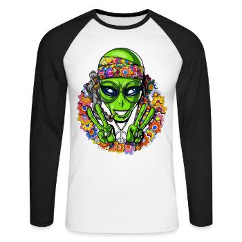 Lustiges Hippie-Alien-psychedelisches Friedenszeichen - Unisex Baseballshirt langarm - Weiß/Schwarz - Vorne - Nik (191cm)