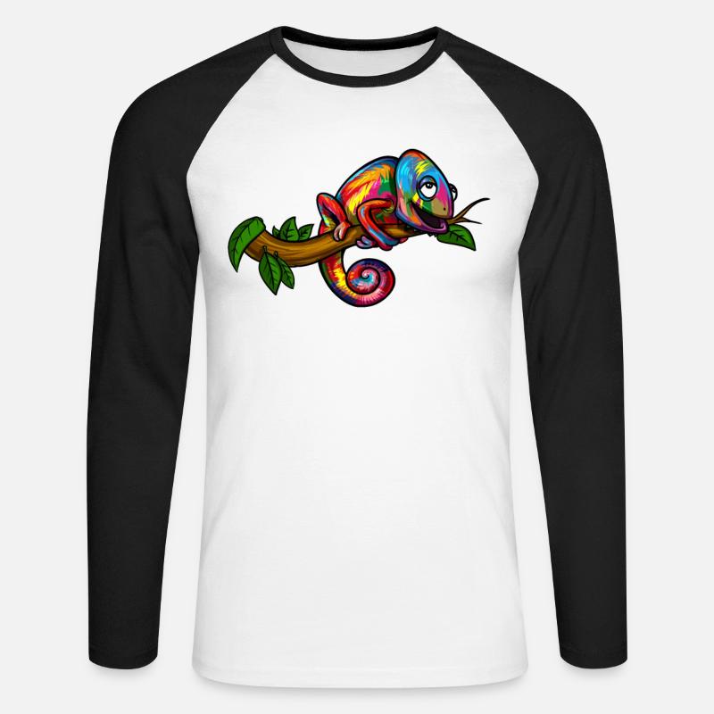 Regenbogen-Chamäleon-buntes Eidechsen-Reptil - Unisex Baseballshirt langarm - Weiß/Schwarz