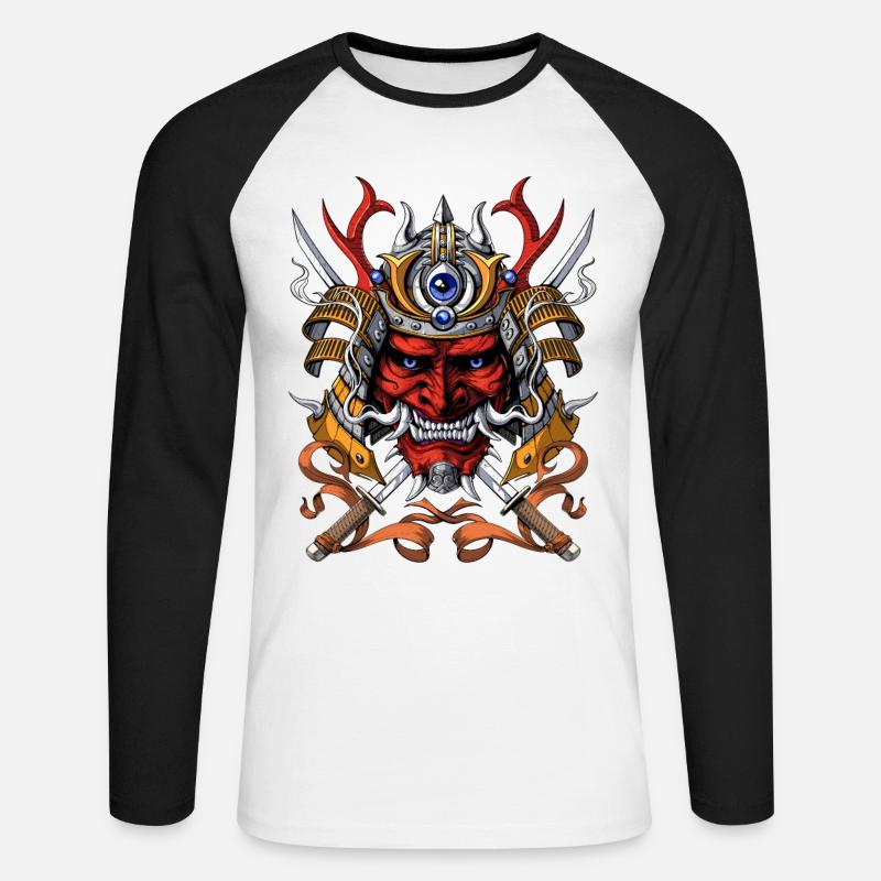 Samurai Dämon Oni - Unisex Baseballshirt langarm - Weiß/Schwarz