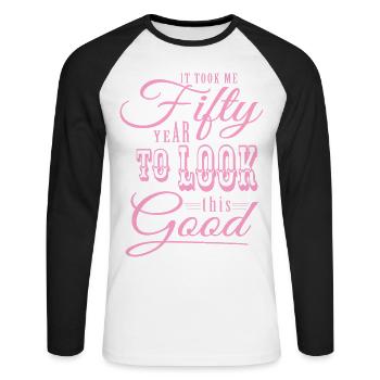 50. Geburtstag - Unisex Baseballshirt langarm - Weiß/Schwarz - Vorne - Nik (191cm)