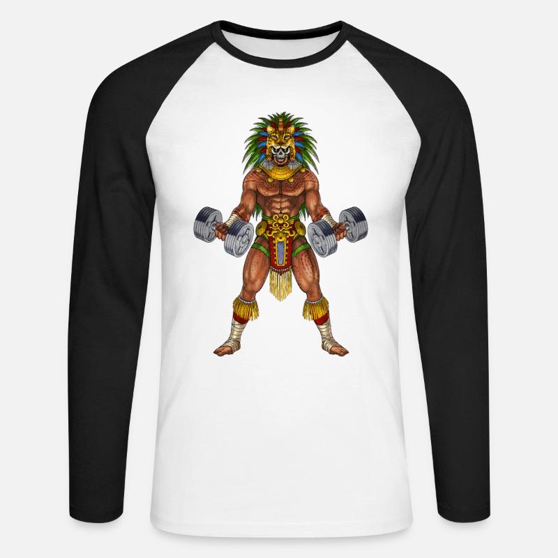 Aztekischer Krieger Bodybuilder - Unisex Baseballshirt langarm - Weiß/Schwarz