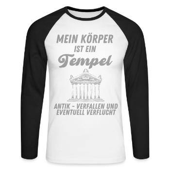 Gewicht lustiger Spruch Mein Körper ist ein Tempel - Unisex Baseballshirt langarm - Weiß/Schwarz - Vorne - Nik (191cm)