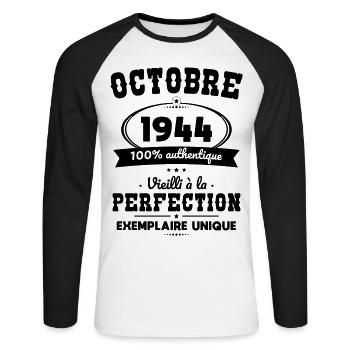 80th Birthday - October 1944 Perfection - Unisex Long Sleeve Baseball T-Shirt - white/black - Front - Nik (191cm)
