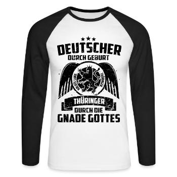 THÜRINGER DURCH DIE GNADE GOTTES - T-SHIRT - Unisex Baseballshirt langarm - Weiß/Schwarz - Vorne - Nik (191cm)