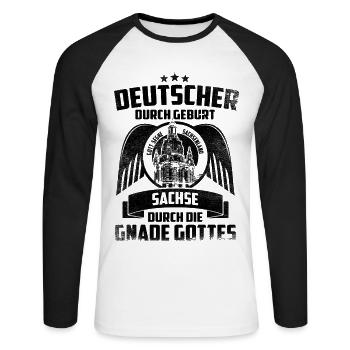SACHSE DURCH DIE GNADE GOTTES SACHSEN GESCHENK - Unisex Baseballshirt langarm - Weiß/Schwarz - Vorne - Nik (191cm)