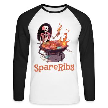 Lustiges Halloween Skelett! - (Käptn) Spare Ribs - Unisex Baseballshirt langarm - Weiß/Schwarz - Vorne - Nik (191cm)