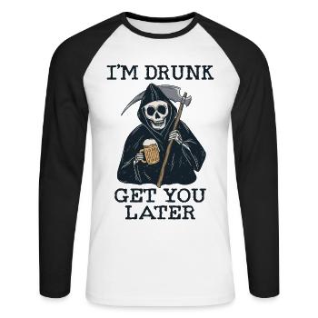 Lustiger betrunkener Sensenmann Skelett holt dich - Unisex Baseballshirt langarm - Weiß/Schwarz - Vorne - Nik (191cm)