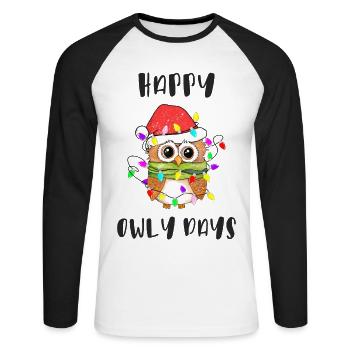 Drôle de père Noël hibou, jours heureux de hibou - T-shirt baseball manches longues Homme - blanc/noir - Devant - Nik (191cm)