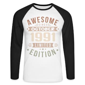 Légende Depuis Octobre 1991 Anniversaire Octobre 1991 - T-shirt baseball manches longues Homme - blanc/noir - Devant - Nik (191cm)