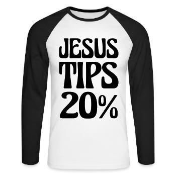 Jésus donne 20% Soyez gentil avec la serveuse - T-shirt baseball manches longues Homme - blanc/noir - Devant - Nik (191cm)
