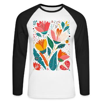 Otomi Floral Pattern Cultural Art - Unisex Long Sleeve Baseball T-Shirt - white/black - Front - Nik (191cm)