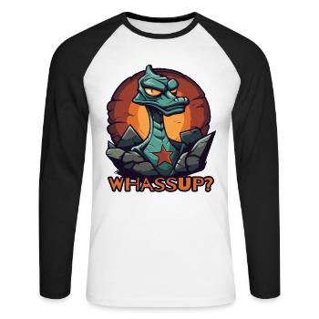 What's up, cool dino lizards? - Unisex Long Sleeve Baseball T-Shirt - white/black - Front - Nik (191cm)