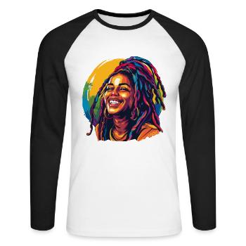 Smiling Jamaica Rastafarian Woman - Unisex Long Sleeve Baseball T-Shirt - white/black - Front - Nik (191cm)