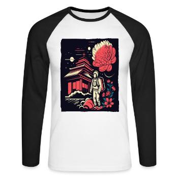 Astronaut vor japanischem Tempel mit Blumen - Unisex Baseballshirt langarm - Weiß/Schwarz - Vorne - Nik (191cm)