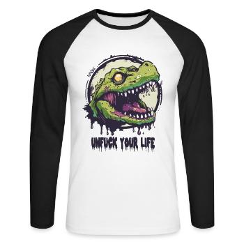 Ratschlag Alligator: Entf*cke dein Leben - Unisex Baseballshirt langarm - Weiß/Schwarz - Vorne - Nik (191cm)