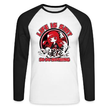 Sagesse : La vie est de la merde, alors ne faites rien - T-shirt baseball manches longues Homme - blanc/noir - Devant - Nik (191cm)